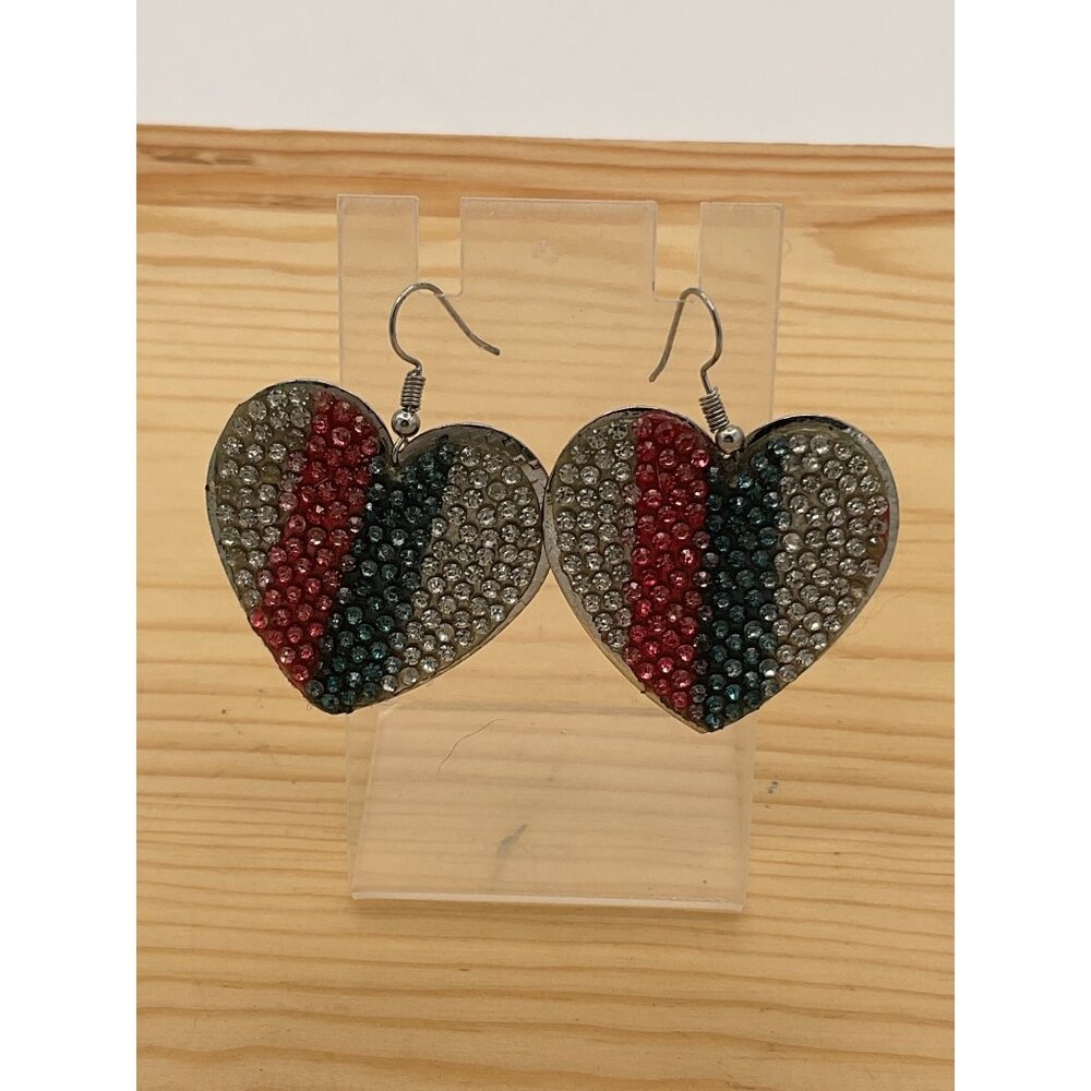 Heart Shaped Dangle Drop Earrings Red White Blue Rhinestones - Picture 1 of 4